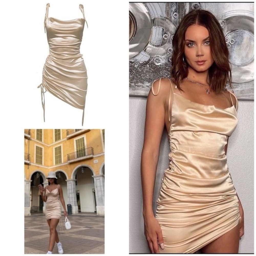 NWT LEAU Cabo Dress in Champagne bodycon silky tie up scrunch mini midi dress